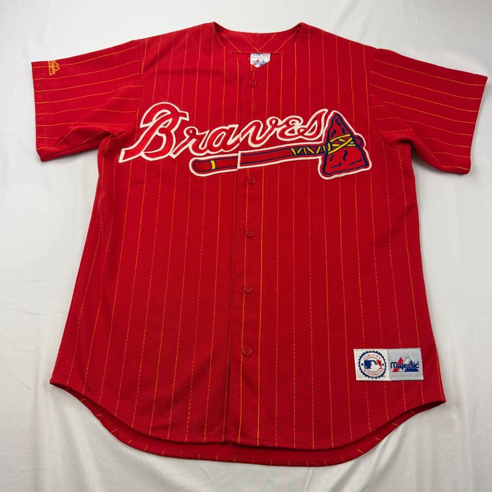 Majestic Baseball Jersey Mens M Red Pinstripe Atlanta Braves Tomahawk USA Made